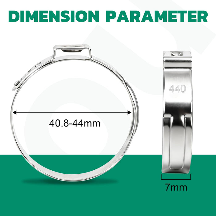 Pinch clamps sizing image presenting 40.8–44mm adjustable range and consistent 7mm wide stainless band.