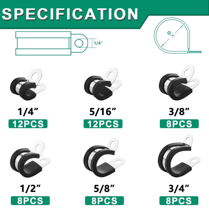 Specification grid listing quantities for rubber-cushioned steel cable clamps, 1/4"–3/4".