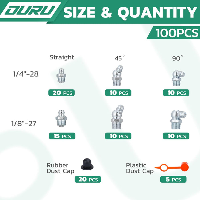 100PCS zerk grease fittings chart with 1/4"-28 and 1/8"-27 straight, 45°, 90° counts, plus rubber and plastic caps.