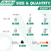 100PCS zerk grease fittings chart with 1/4"-28 and 1/8"-27 straight, 45°, 90° counts, plus rubber and plastic caps.