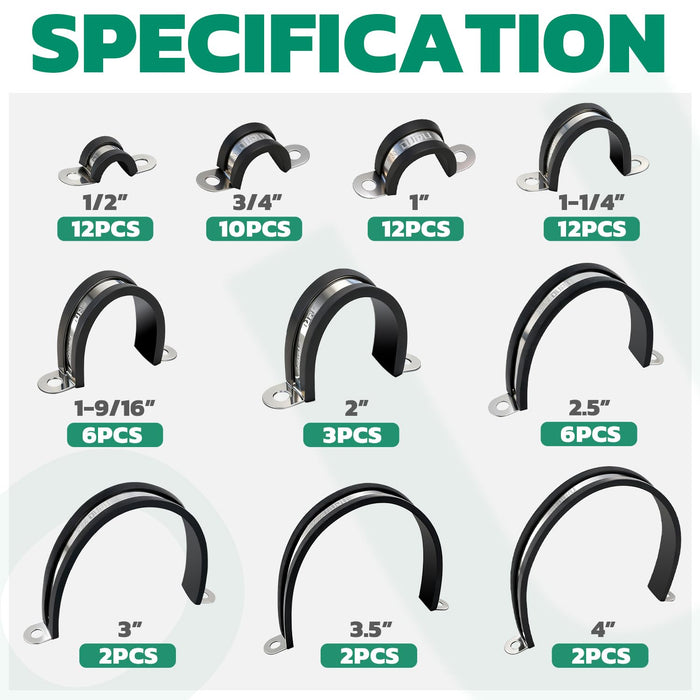 Expanded set photo of mixed diameters; heavy duty cable clamp kit for pipes, conduit, auto and marine wiring tasks.