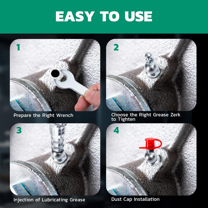 Step-by-step guide showing how to use zerk fitting kit: tighten nipple, inject grease, add dust cap for clean operation.