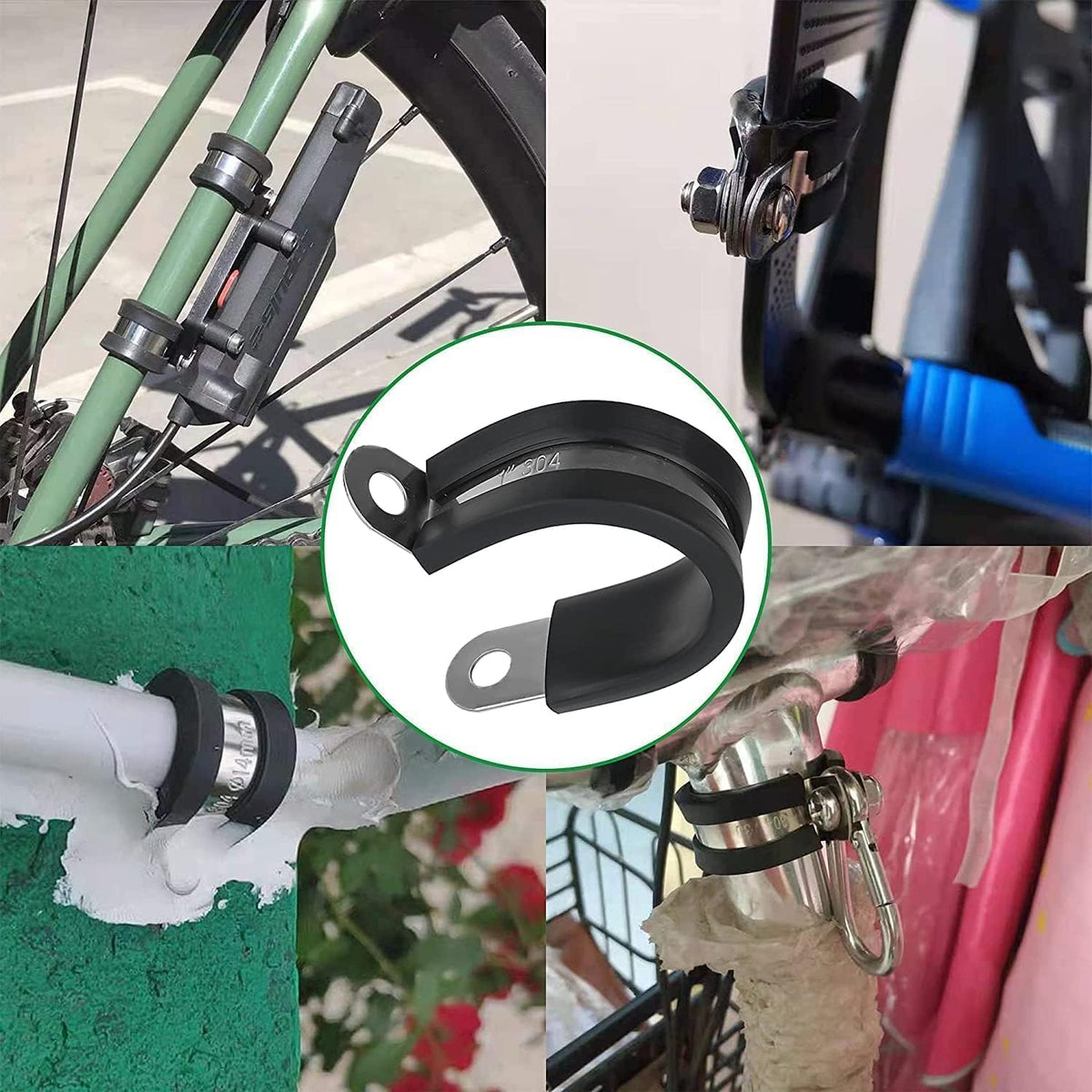 Real use scenes of 1 4 clamp P-clip securing bicycle accessories and pipes; rubber cushioned stainless cable holder.