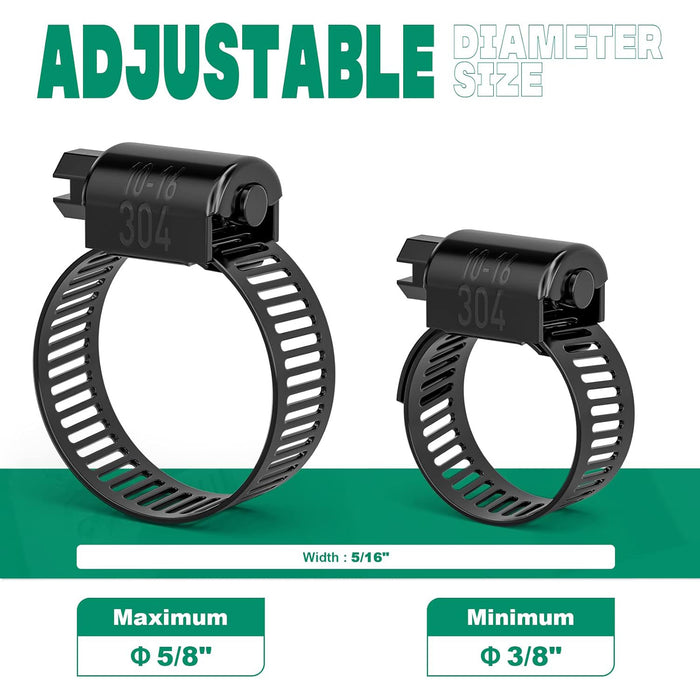 hose clip clamp: 5/16 inch width, fits 3/8–5/8 inch; black 304 stainless band with screw drive for small tubing