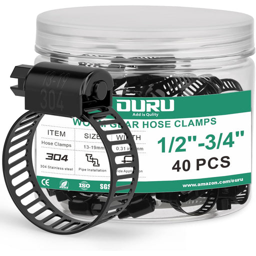 Detail of 304 stainless hose clamp ring with size marking, band, back buckle and screw for durable, rustproof use.