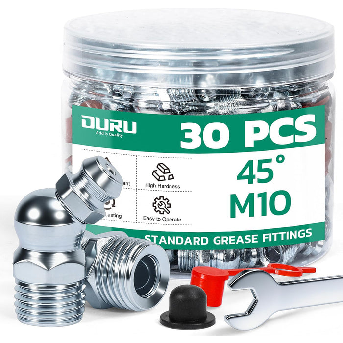 30PCS M10 45° angled zerks with wrench and caps; grease hose and fittings set for reliable lubrication of equipment.