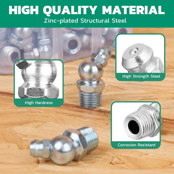 Close-up of zinc-plated nipples highlighting hardness and corrosion resistance; small grease fittings for equipment use.