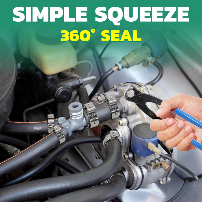 Hand using clamp pliers on hose connection for 360° seal, showing pex crimp ring performance in tight engine bays.