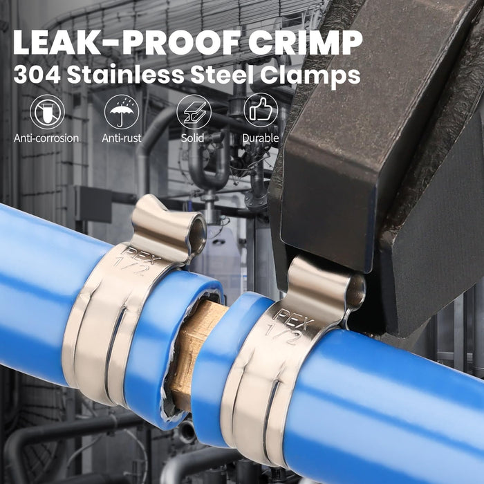 Close-up of 304 stainless pex crimp rings securing blue PEX tube to brass fitting, showing leak-proof, anti-rust use.