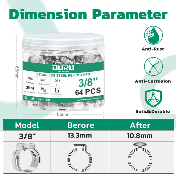 Dimension parameter graphic for 3/8 in PEX clamps, before/after diameter range table, plus anti-rust ring clamps icons.