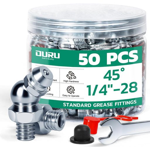 Jar of 50PCS 1/4''-28 45° zerks with wrench; grease quick connect fittings designed for shop, automotive and farm tasks.