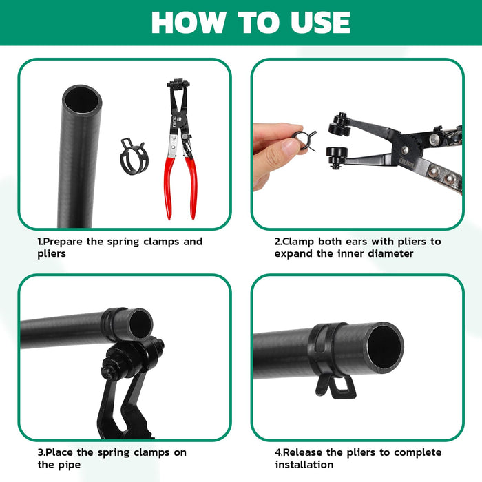How-to-use steps: expand, position and release spring clamp on pipe, illustrating pex crimp rings installation.