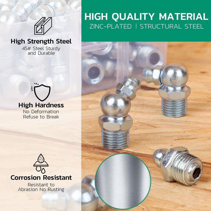 Grease fitting cutaway shows stainless ball check, spring, and deep threads for secure, leak-free lubrication.