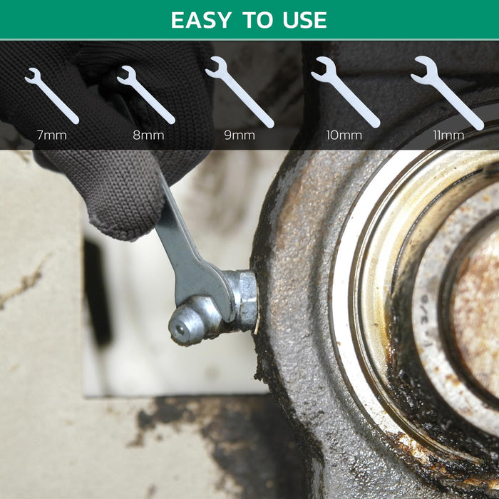 Grease zerk nipples shown in use on vehicles and machinery, highlighting easy lubrication access for common maintenance.