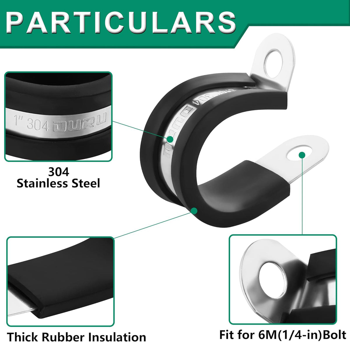 Cable clamping details: 304 stainless band, thick rubber cushion, fits 1/4-inch bolt.