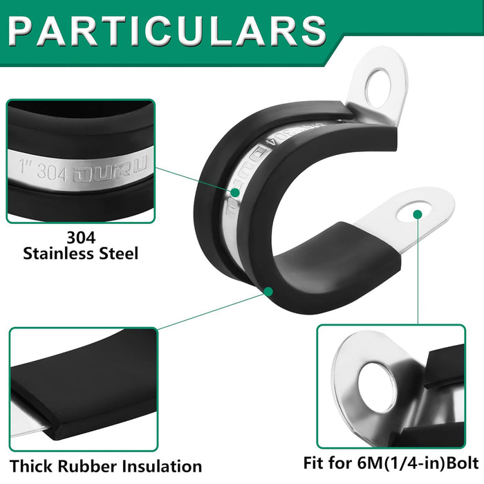 Cable clamping details: 304 stainless band, thick rubber cushion, fits 1/4-inch bolt.