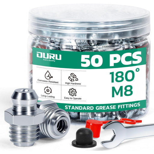 Jar of 50 M8 180° zerks with caps and wrench; grease fitting assortment for machinery, tractors, and auto service.
