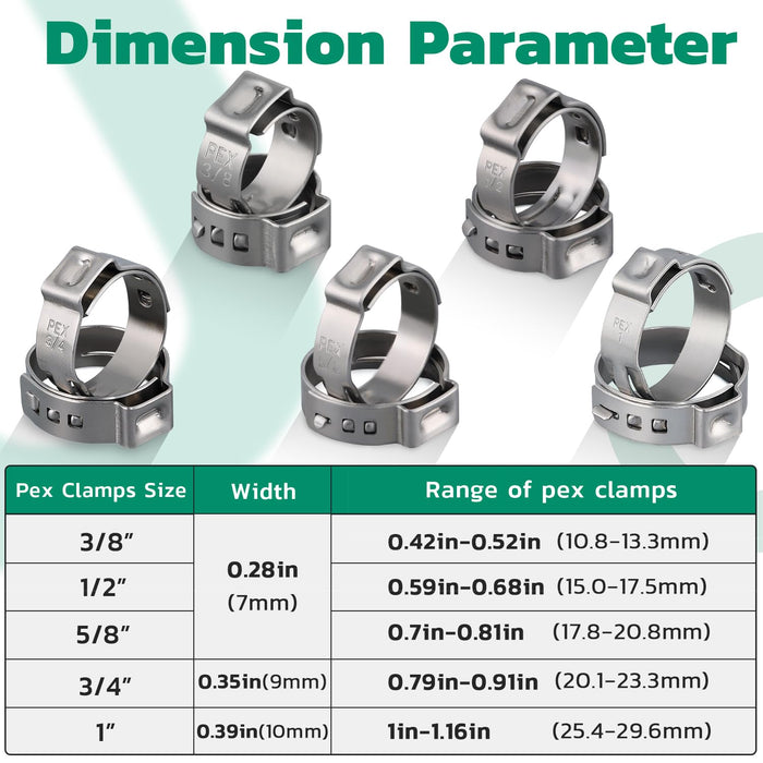 Pex ring size table listing clamp widths and working ranges for 3/8, 1/2, 5/8, 3/4 and 1 inch tubing.