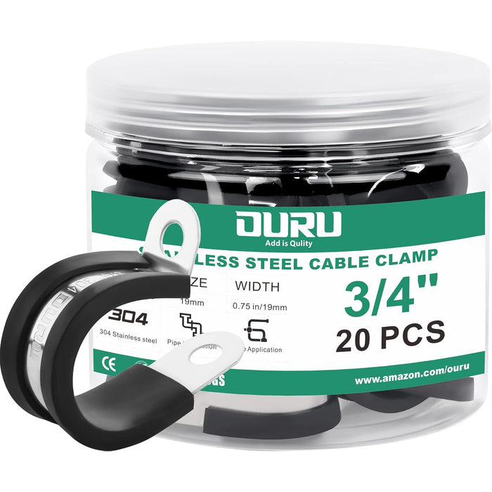 3/4" 304 stainless wire cable clamp pack, rubber-lined P-clamps, 20 pcs jar.