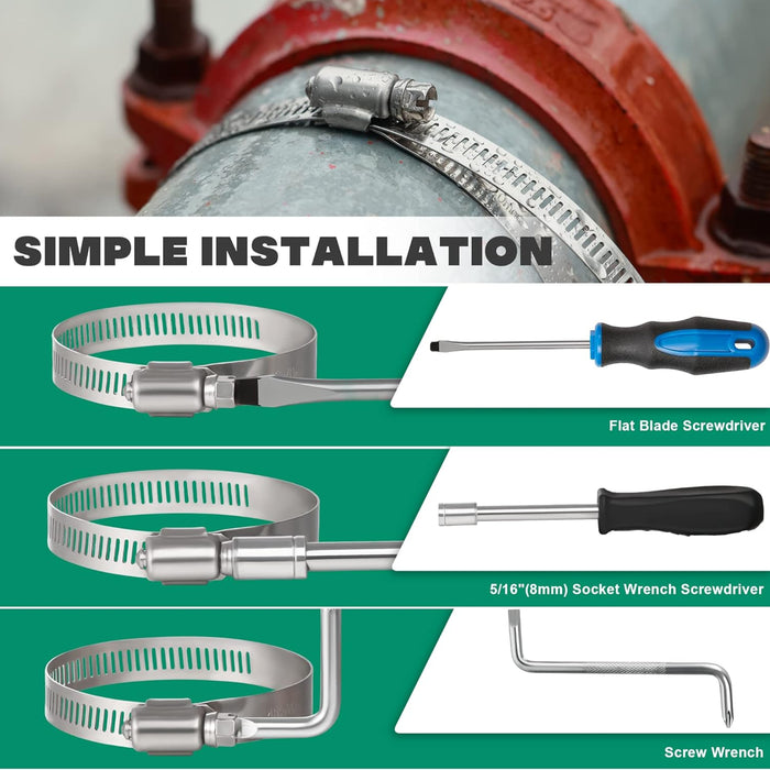 Simple tools to clamp for hose—flathead, 5/16 socket, or wrench for quick installation on pipes.