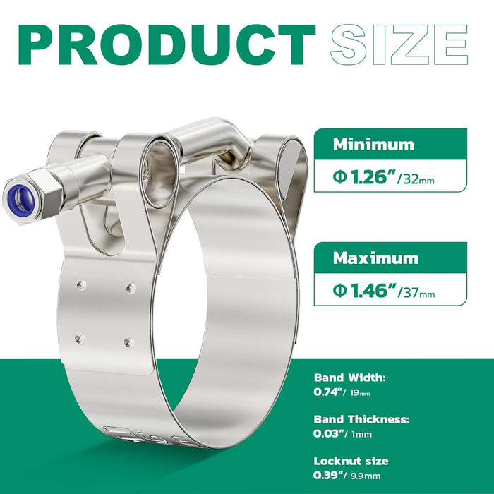 fuel line clamp set, 12 stainless T-bolt bands with locknuts; consistent 19 mm width for even torque and leak-free seals