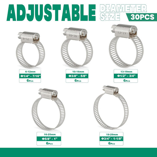 30-pack water hose clamp set of 304 stainless worm-gear bands, 6–12mm to 19–29mm; adjustable for garden and pool pipes.