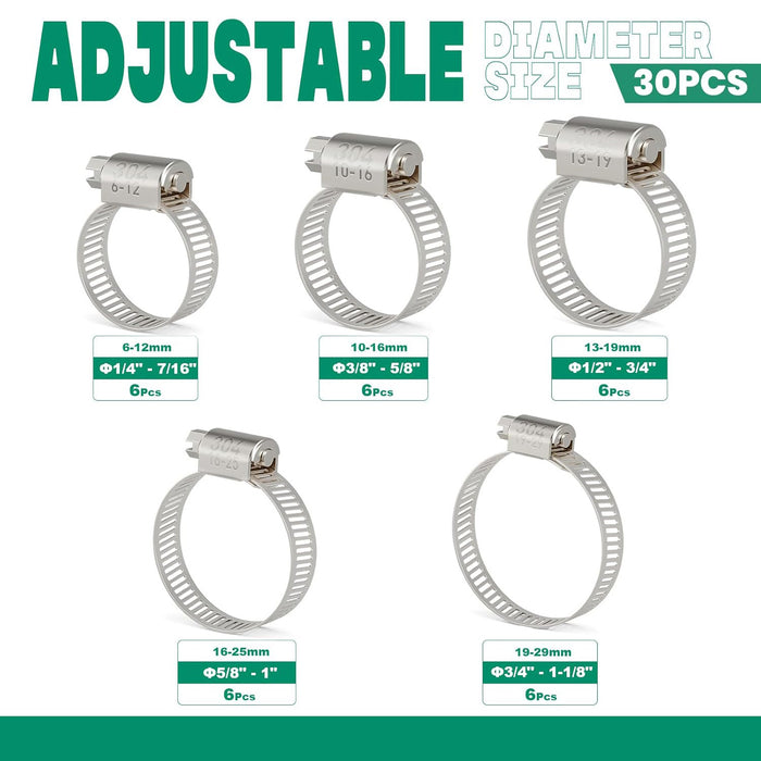 30-pack water hose clamp set of 304 stainless worm-gear bands, 6–12mm to 19–29mm; adjustable for garden and pool pipes.