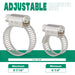 Sizing chart for a small hose clamp—5/16-inch wide stainless band, adjustable 1/4–7/16 inch diameter for air, fuel, and water lines.