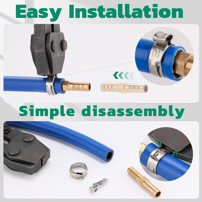 Install steps with crimp tool highlight clamp pinch and simple disassembly; stainless ear ring seats over brass barb.