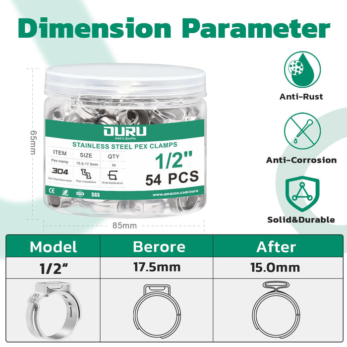 Clamp rings in labeled jar, 1/2 in stainless steel PEX clamps shown with before/after sizes and corrosion icons.
