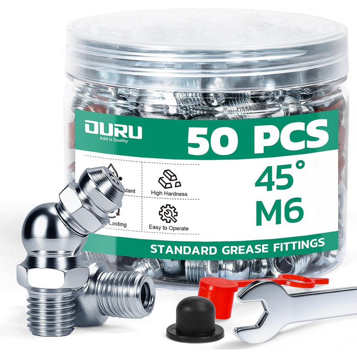 50PCS M6 45° zerks with caps and wrench; great for anyone searching grease fittings near me for quick replacement parts.