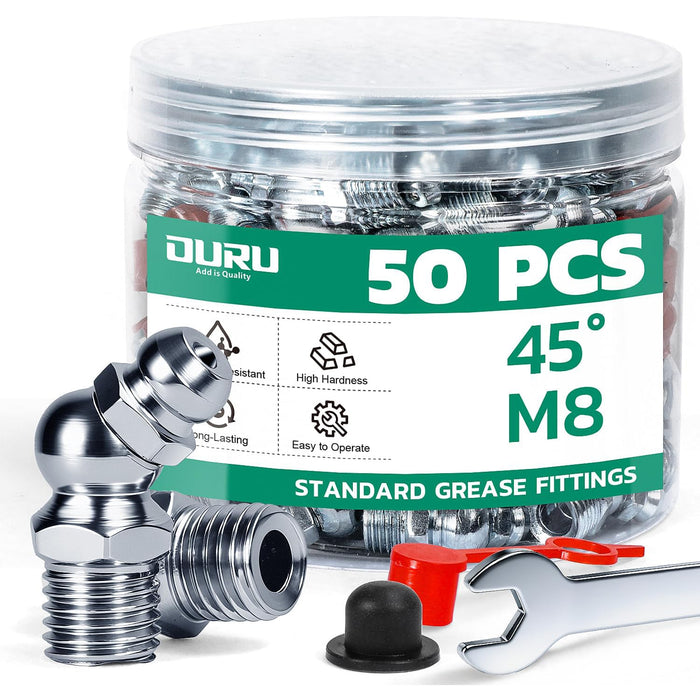 50PCS M8 45° zerks in labeled jar with caps and wrench; grease fittings assortment for vehicles, shop tools and farm.