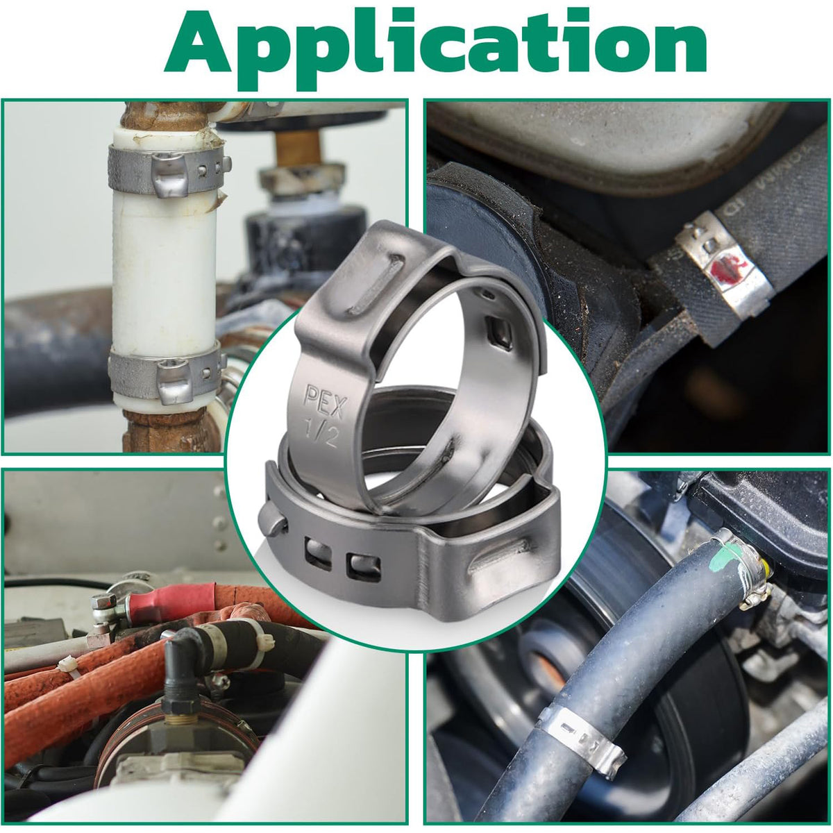 Collage shows pex pipe fittings clamps securing hoses and tubes in plumbing, automotive uses, giving tight, rust-resistant seals.