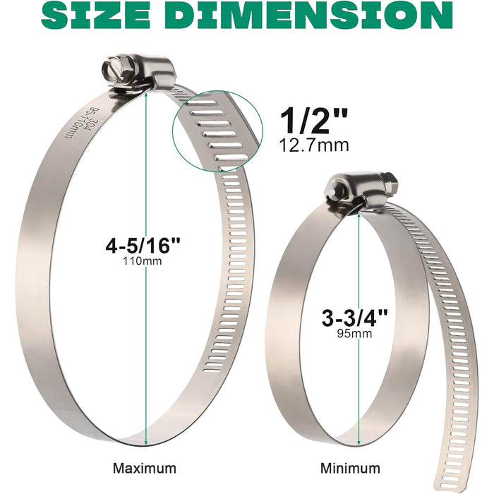 Stainless steel hose clamps, 95–110mm, worm-gear with 1/2-inch band for secure pipe fastening.