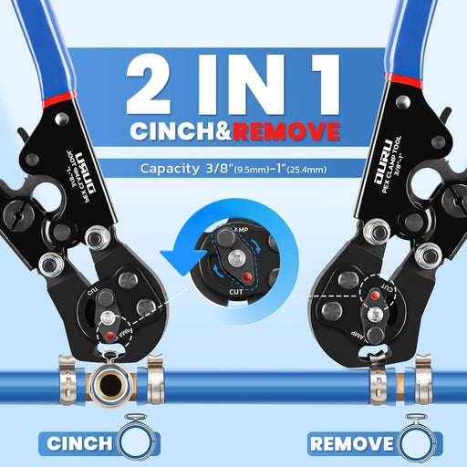 2-in-1 pex crimping tool shows cinch and remove modes for 3/8–1 in clamps, rotating selector detail above blue pipe.