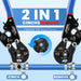 2-in-1 pex crimping tool shows cinch and remove modes for 3/8–1 in clamps, rotating selector detail above blue pipe.
