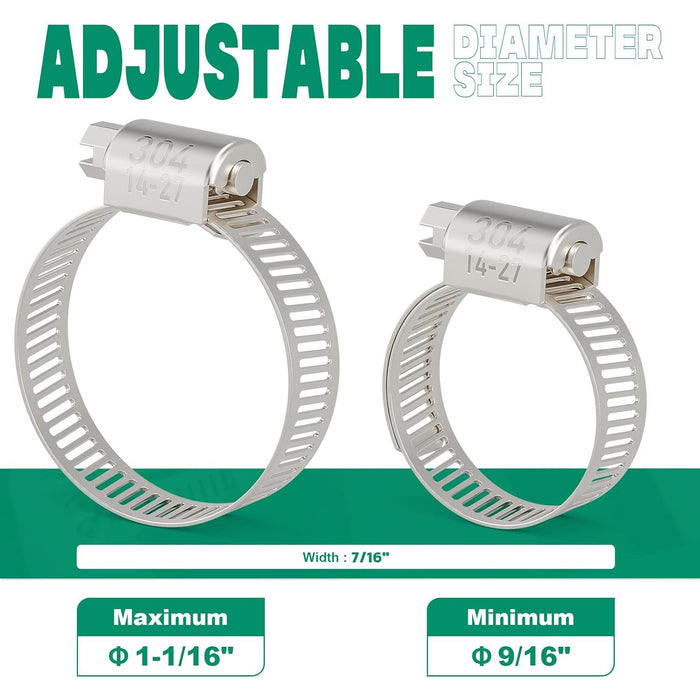 Adjustable hose clamp clip in 304 SS, 9/16–1-1/16 inch range perforated band and screw housing close-up view for repair.