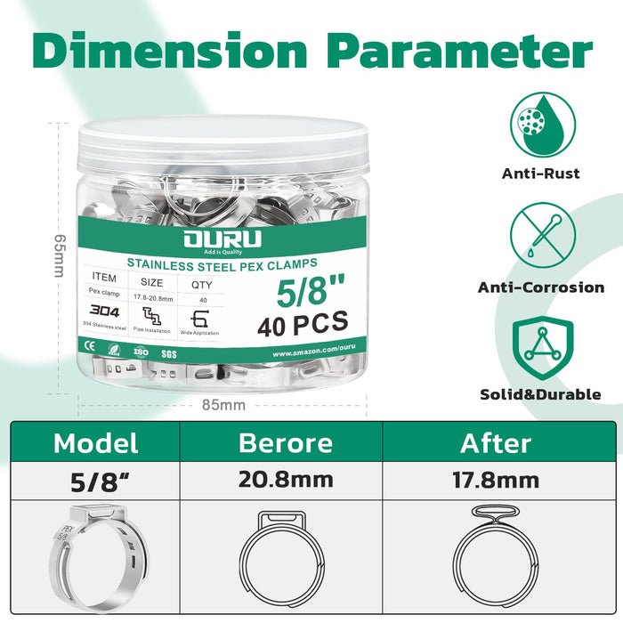 Pex hose clamps in 5/8 in jar with package dimensions, anti-rust icons, and before/after clamp size illustration.