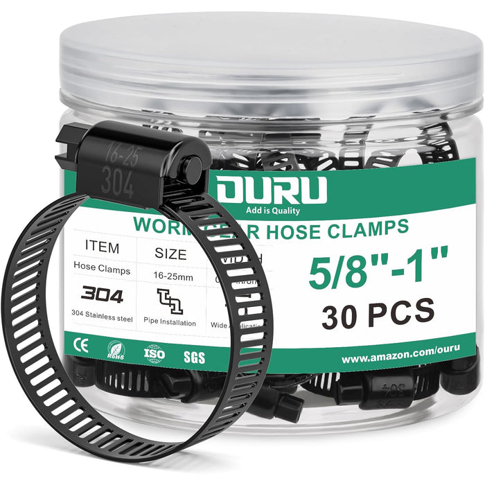 clamp for hose set, 30 pcs 16–25 mm in labeled jar; black 304 stainless worm gear band for quick, secure tightening