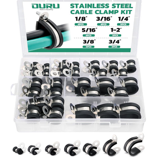 Wire clamp assortment kit in organizer; stainless rubber-cushioned P-clamps for hoses.