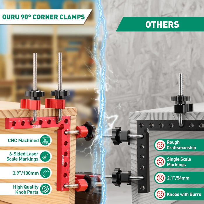 Woodworking clamps comparison: OURU 90° CNC squares with six-side laser marks and quality knobs vs rough single-scale.