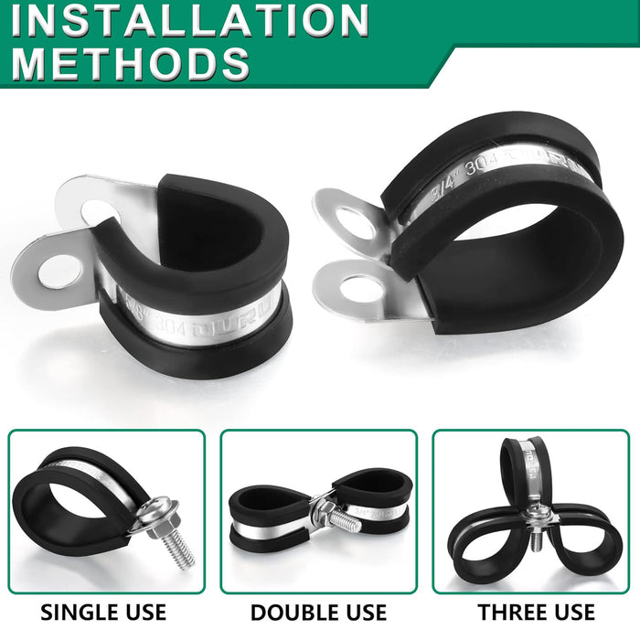 Installation methods showing single, double, triple ways to clamp wire with rubber-lined P-clamps.