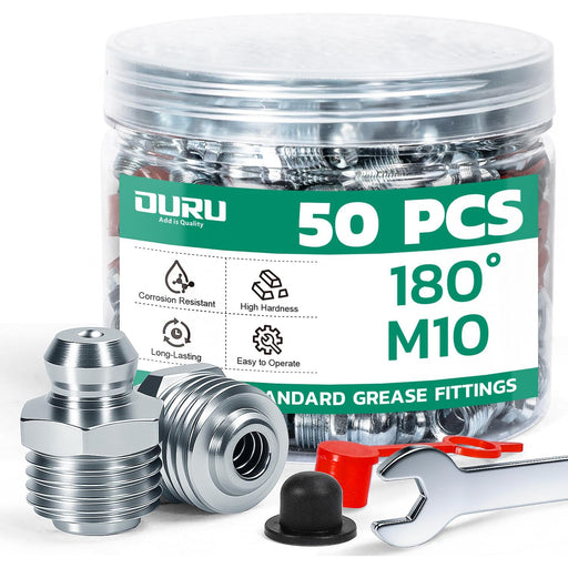 50PCS M10 180° straight nipples in jar with wrench and caps; grease hose fittings for machinery, auto and farm service.