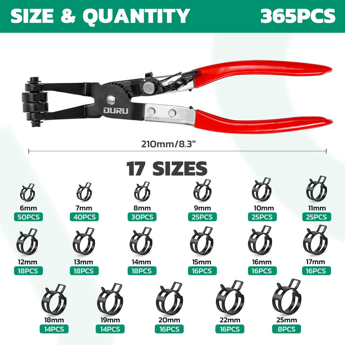Adjustable ring clamps set with hand pliers, showing size range, total quantity, and quick clamping operation design.