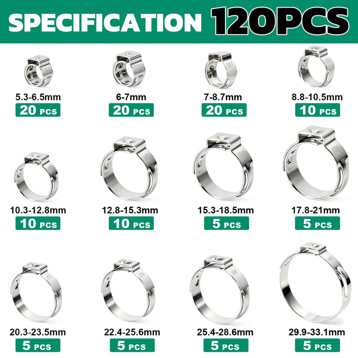 Single ear hose clamp kit with multiple clamp diameters and quantities, organized layout for plumbing and hose repair.