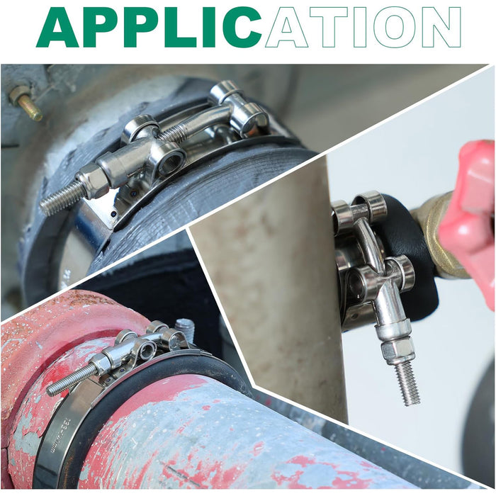 clamp a fuel line on industrial pipes using stainless T-bolt band; even pressure around couplings stops leaks reliably