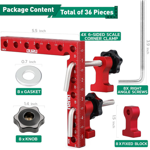 Corner clamps package shows four scaled squares, eight screws, knobs and blocks; complete 90° cabinet assembly kit.
