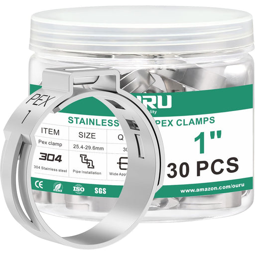 Close view of 1 inch 304 stainless clamps for marine pex fittings; corrosion-resistant single-ear design for reliable onboard plumbing.