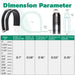 Metal cable clamp dimensions diagram with width, thickness, and screw-hole sizes for multiple diameters.