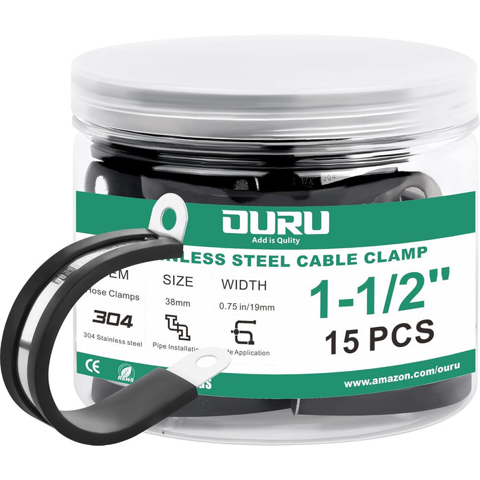 Jar pack of 1-1/2" 304 stainless rubber-cushioned wiring clamps, 15 pcs, OURU label.